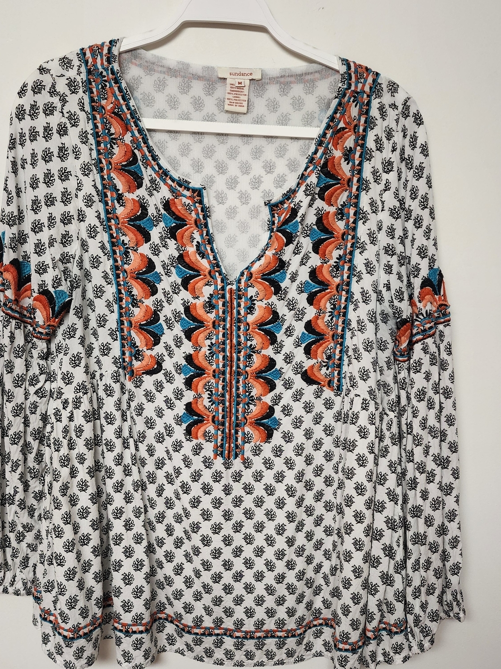 White Embroidered Boho Tunic Top in Orange & Teal